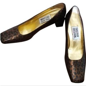 Timothy Hitsman Vintage Women Leopard Print Square Toe‎ Block Heels Bronze Gold